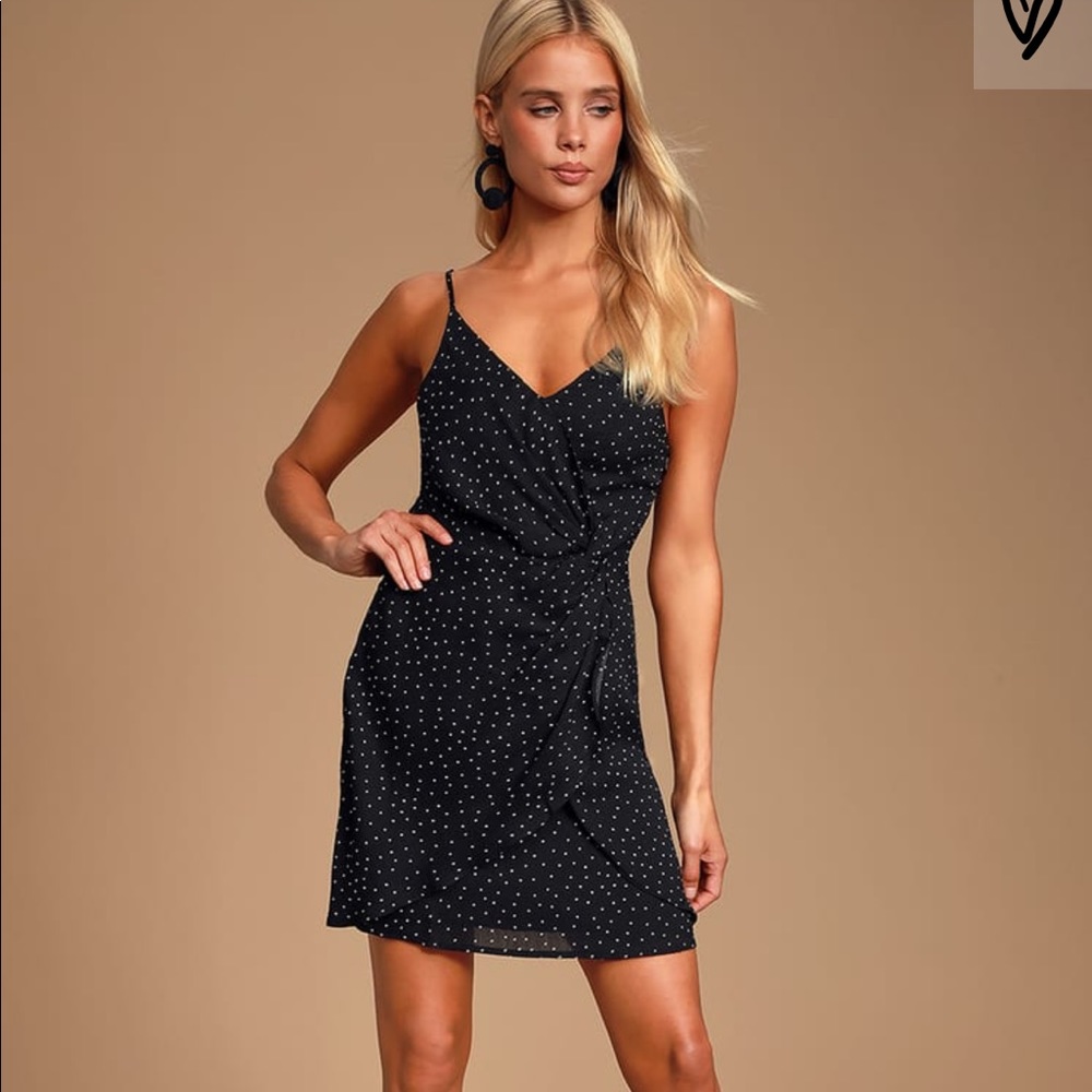 Missy Black Polka Dot Satin Knotted Front Dress